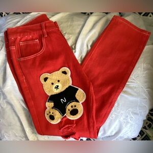 NWOT Red Skinny 100% Cotton Denim Jeans with Bear and Letter Patches 32